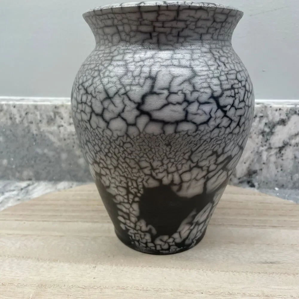 Hand Crafted Studio Pottery Signed PAM Raku Crackles Glaze  Black Gray Vase